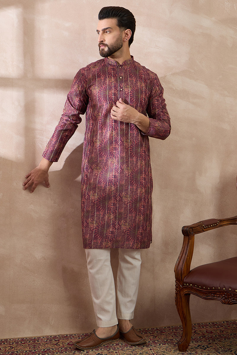 Purple Silk Blend Printed Mandarin Collar Straight Kurta With Trouser MKSET2023