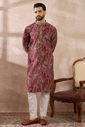 Red Silk Blend Printed Mandarin Collar Straight Kurta With Trouser MKSET1959