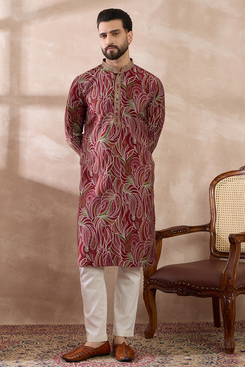 Red Silk Blend Printed Mandarin Collar Straight Kurta With Trouser MKSET1959
