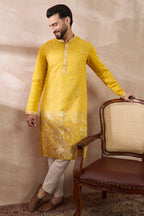 Yellow Silk Blend Embroidered Mandarin Collar Straight Kurta With Trouser MKSET2052