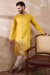 Yellow Silk Blend Embroidered Mandarin Collar Straight Kurta With Trouser MKSET2052