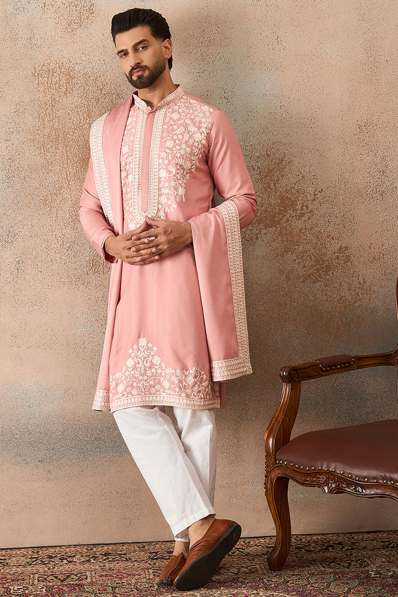 Peach Silk Blend Solid Embroidered Kurta Trouser With Dupatta MKPD1041