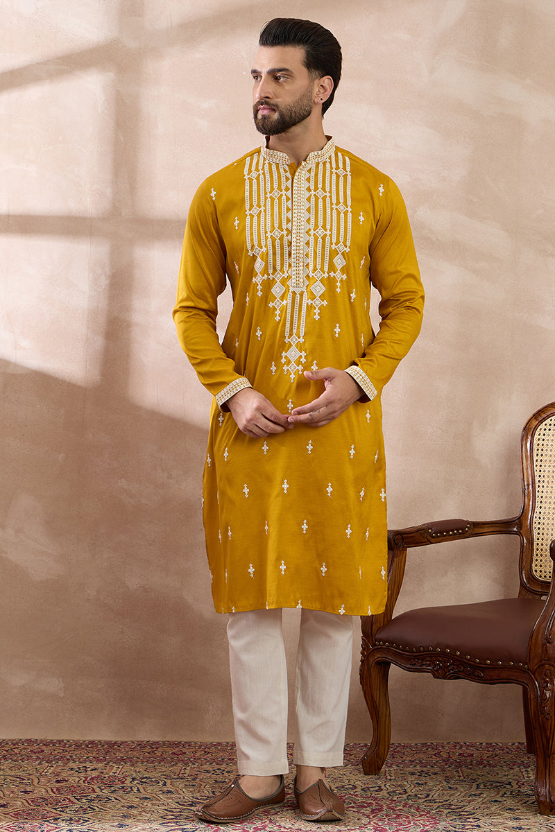 Yellow Silk Blend Embroidered Mandarin Collar Straight Kurta With Trouser MKSET1786