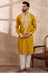 Yellow Silk Blend Embroidered Mandarin Collar Straight Kurta With Trouser MKSET1786