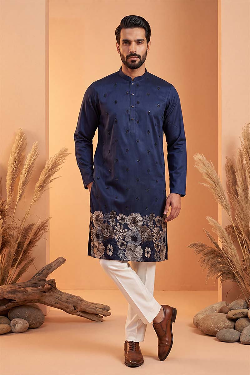 Blue Silk Blend Solid Embroidered Kurta MKU2065