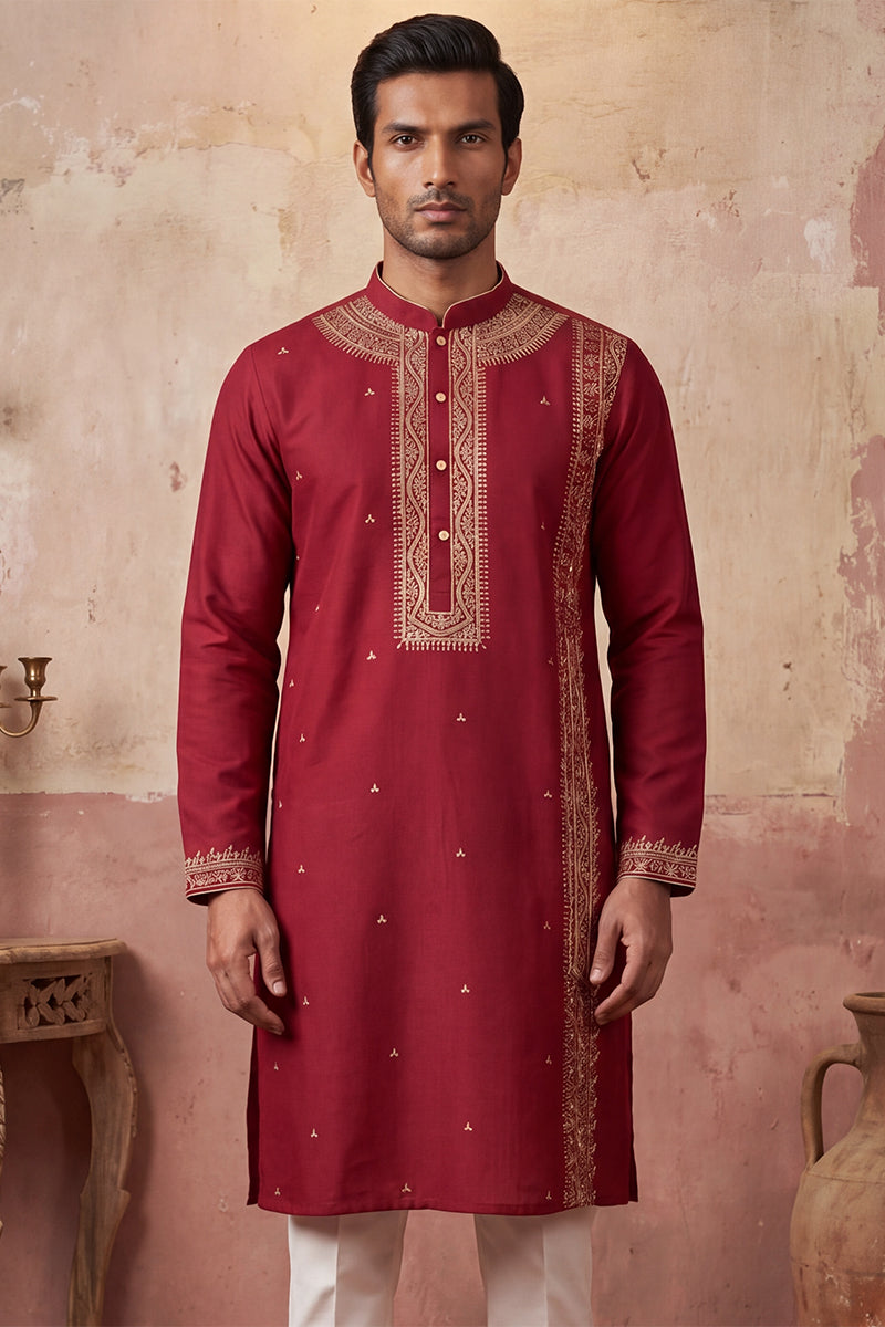 Red Silk Blend Solid Emboidered Straight Kurta MKU2314