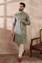Green Silk Blend Printed Mandarin Collar Straight Kurta MKU1661