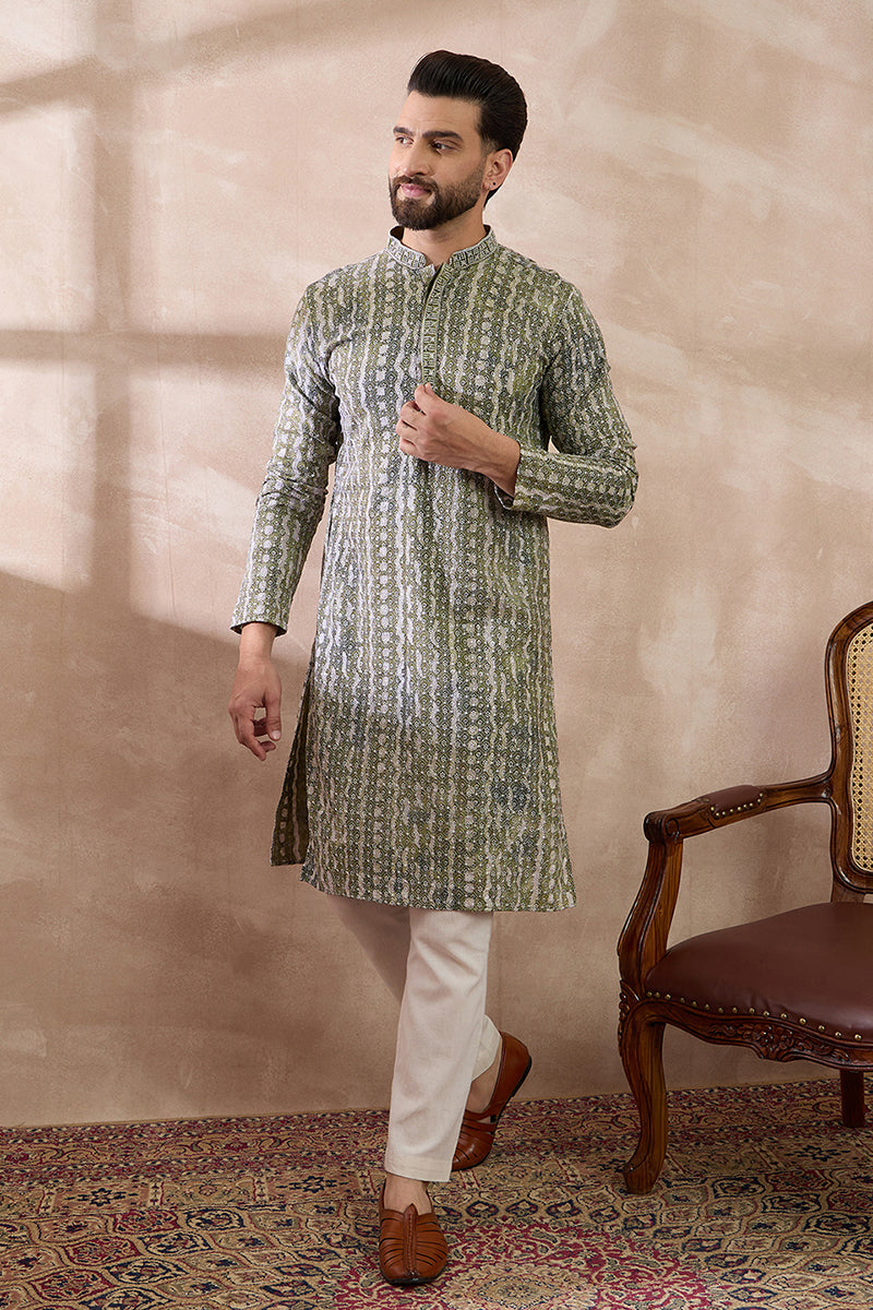 Green Silk Blend Printed Mandarin Collar Straight Kurta MKU1661
