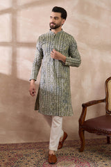 Green Silk Blend Printed Mandarin Collar Straight Kurta MKU1661