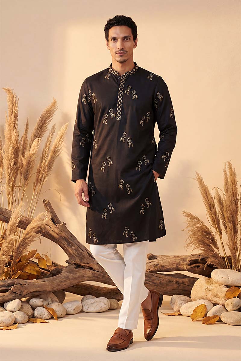 Black Silk Blend Solid Embroidered Kurta MKU1817