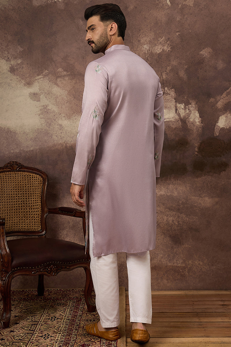 Lavender Silk Blend Solid Embroidered Straight Kurta MKU1349
