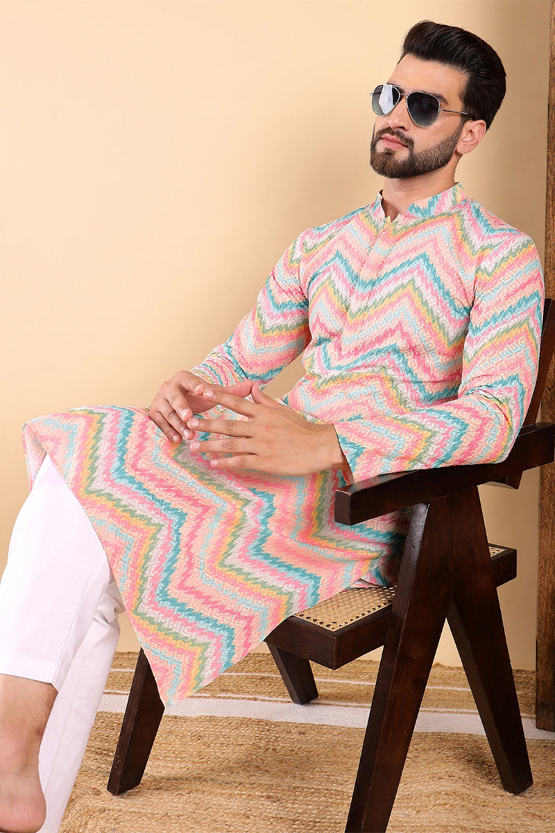Teal Viscose Rayon Chevron Printed Straight Kurta with Trousers MKSET1008TIL