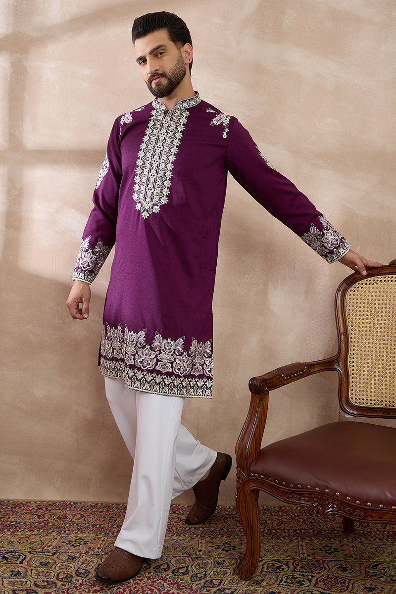 Purple Silk Blend Embroidered Mandarin Collar Straight Kurta With Trouser MKSET2018