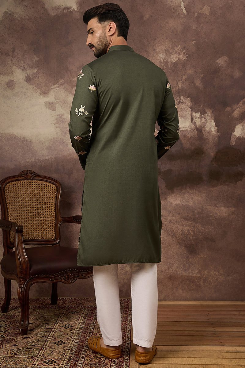 Green Silk Blend Solid Embroidered Straight Kurta MKU1338