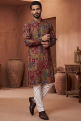 Viscose Rayon Multi Abstract Printed Calf Length Straight Kurta With Trousers MKSET1983