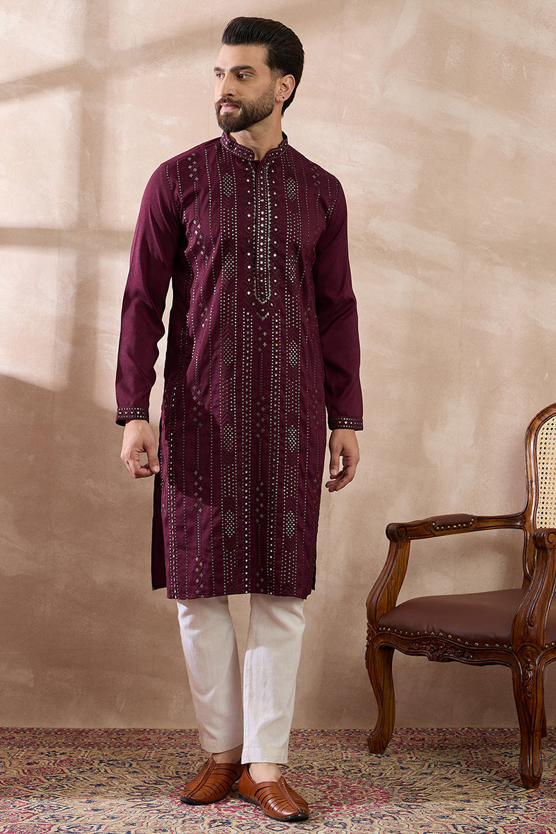 Purple Silk Blend Embroidered Indian Wear for Men MKSET1889 | DesiQlo