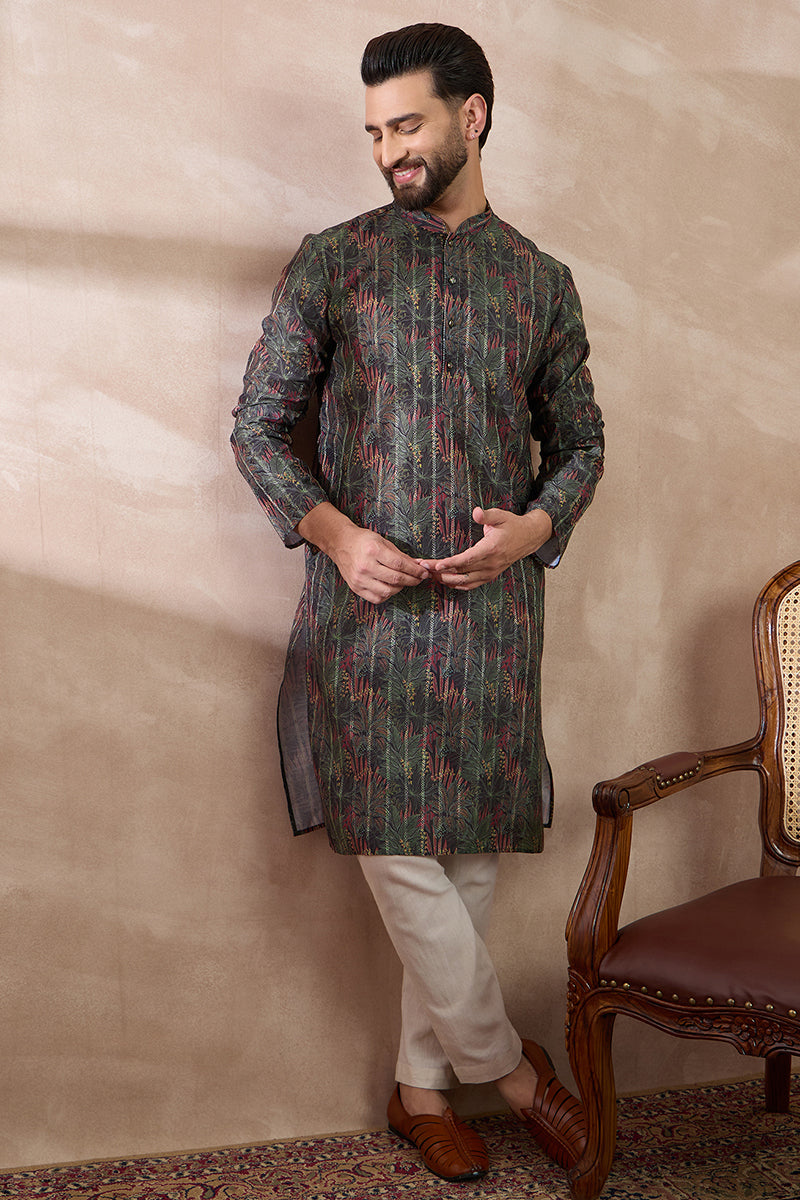 Black Silk Blend Printed Mandarin Collar Straight Kurta With Trouser MKSET2097