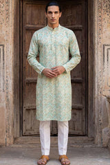 Green Cotton Blend Chevron Embroidered Kurta With Trouser MKSET2068