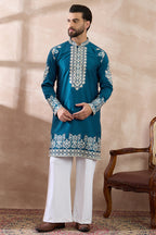 Blue Silk Blend Embroidered Mandarin Collar Straight Kurta MKU2017