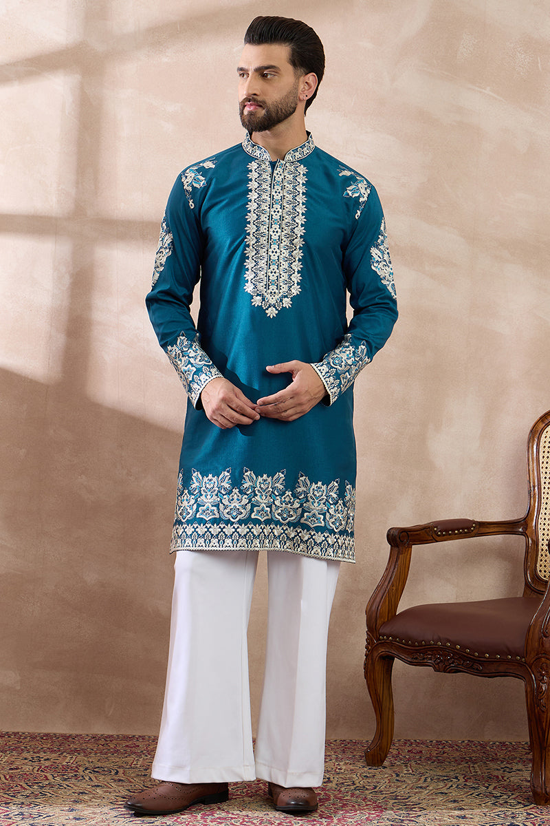 Blue Silk Blend Embroidered Mandarin Collar Straight Kurta MKU2017