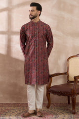 Maroon Silk Blend Printed Mandarin Collar Straight Kurta MKU2025