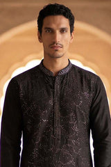 Silk Blend Black Solid Embroidered Calf Length Straight Kurta With Trousers MKSET2128