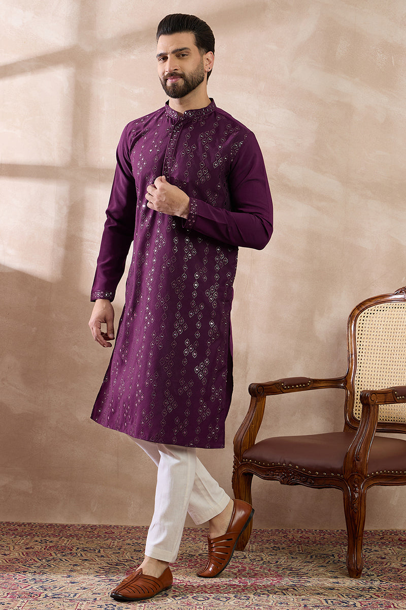 Purple Silk Blend Embroidered Mandarin Collar Straight Kurta With Trouser MKSET2078