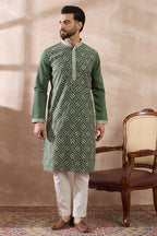 Green Silk Blend Embroidered Mandarin Collar Straight Kurta With Trouser MKSET2081