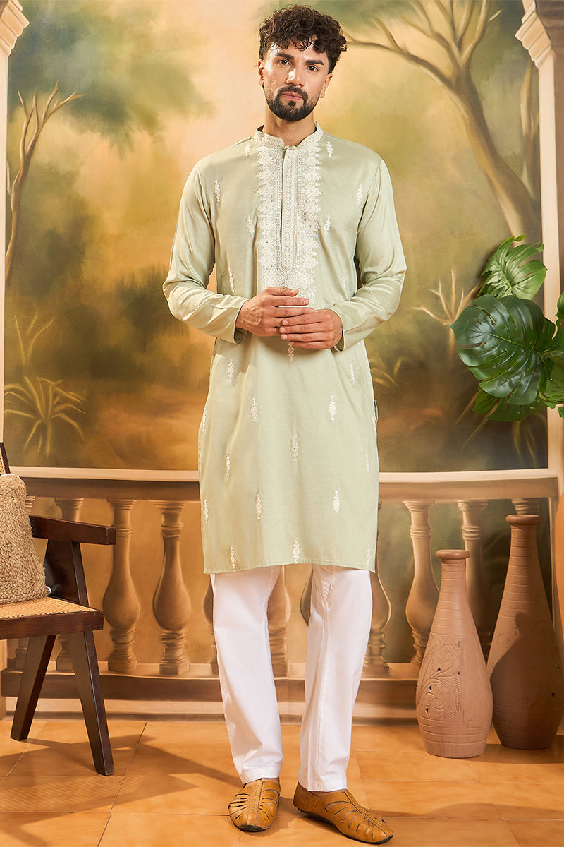 Green Silk Blend Embroidered Indian Wear for Men MKU1492 | DesiQlo