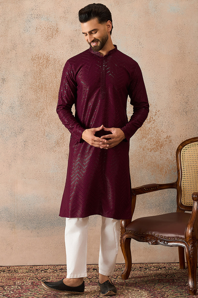 Purple Rayon Embroidered Solid Straight Kurta With Trousers MKSET2187