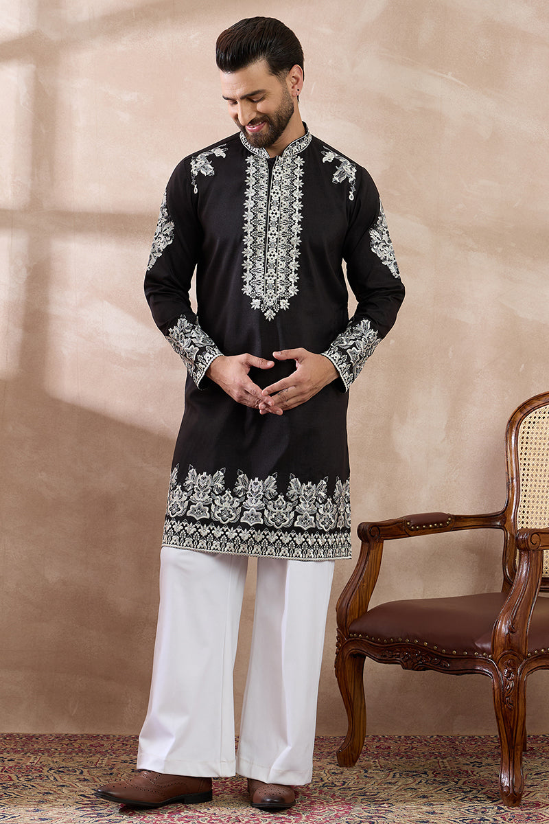 Black Silk Blend Embroidered Mandarin Collar Straight Kurta With Trouser MKSET2019