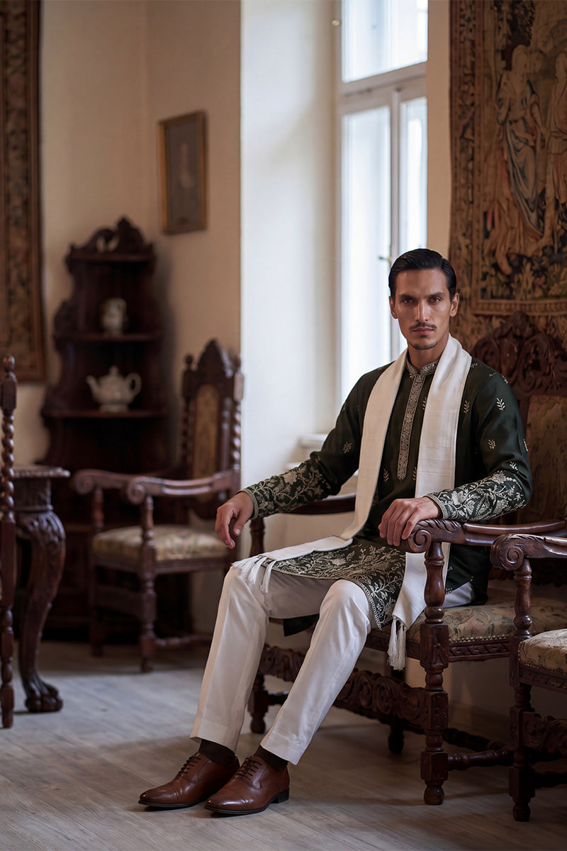 Olive Chanderi Silk Solid Embroidered Straight Kurta with Dupatta MKUD1319