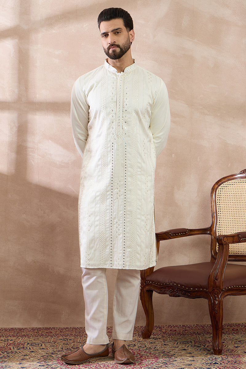 White Silk Blend Embroidered Indian Wear for Men MKSET1891 | DesiQlo