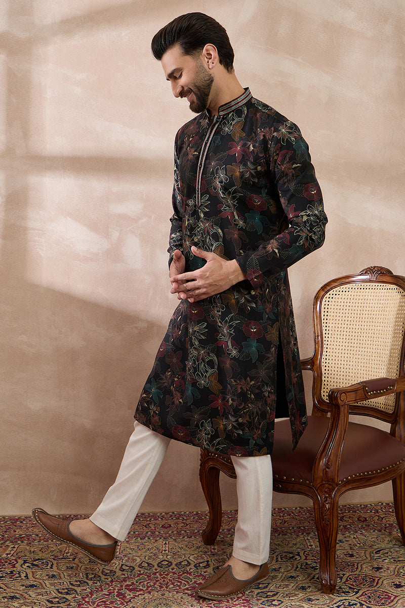 Black Silk Blend Printed Mandarin Collar Straight Kurta MKU1956