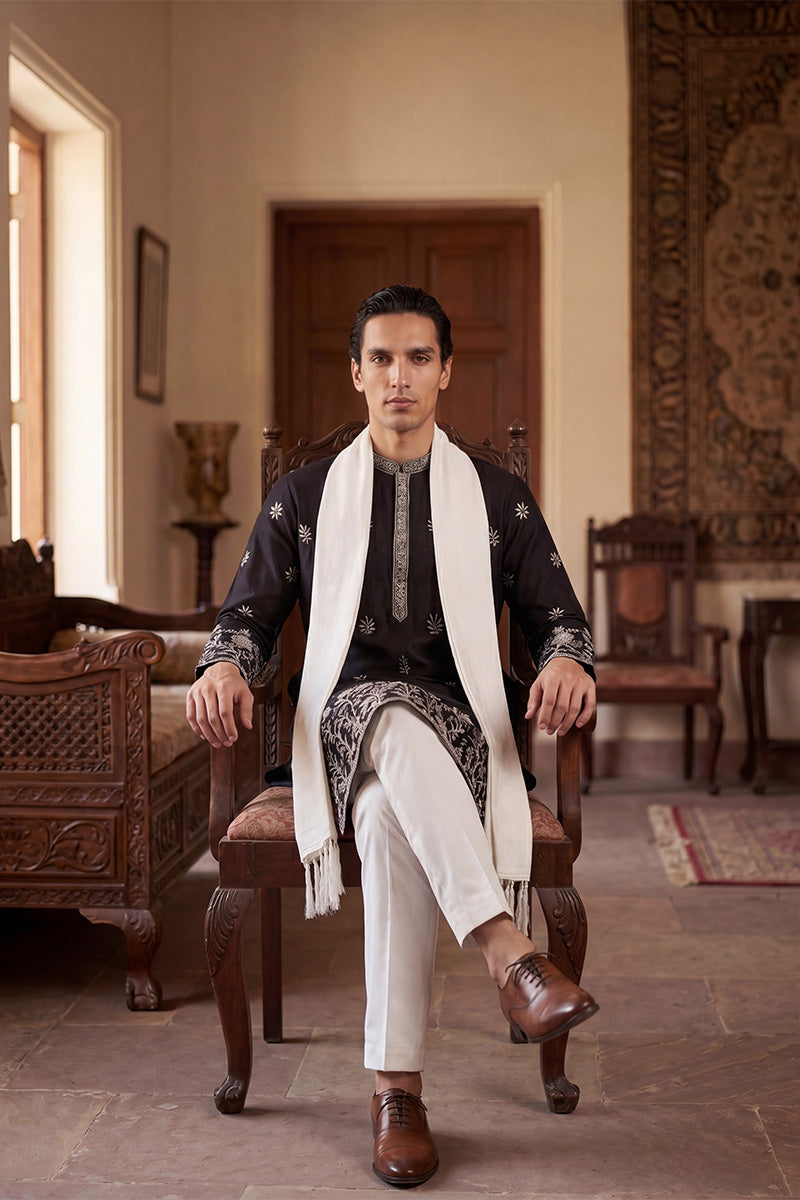 Black Silk Blend Solid Embroidered Straight Kurta Sets MKUD1782
