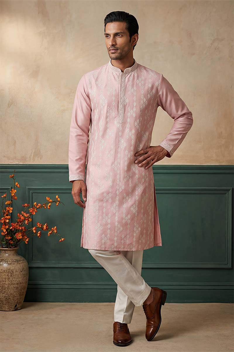 Pink Silk Blend Solid Embroidered Kurta With Trousers MKSET2088
