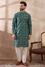 Green Silk Blend Printed Mandarin Collar Straight Kurta MKU2021