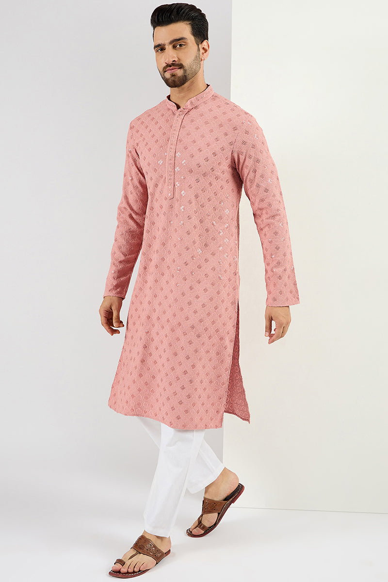 Pink Viscose Rayon Solid Embroidered Long Straight Kurta For Men MKU1060