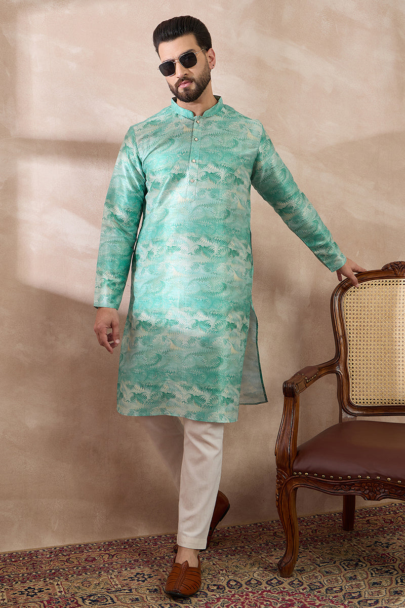 Green Silk Blend Printed Mandarin Collar Straight Kurta MKU2022