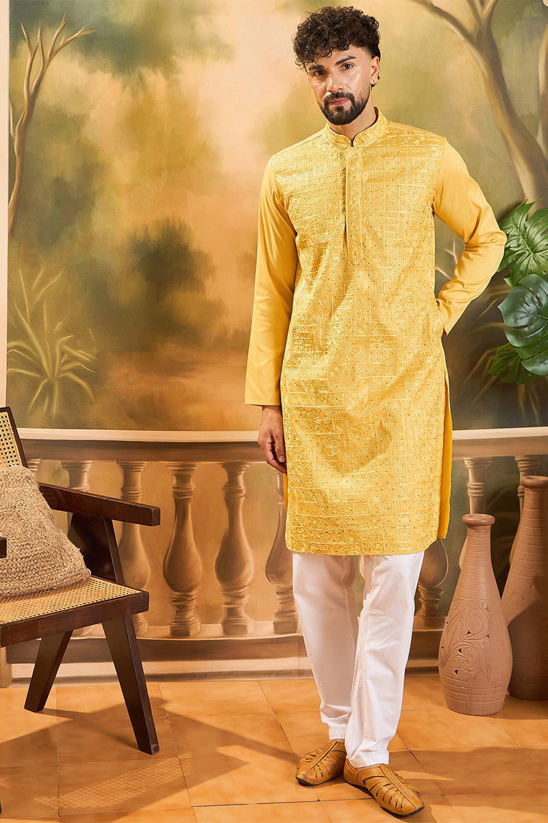 Yellow Silk Blend Solid Embroidered Straight Kurta MKU1494