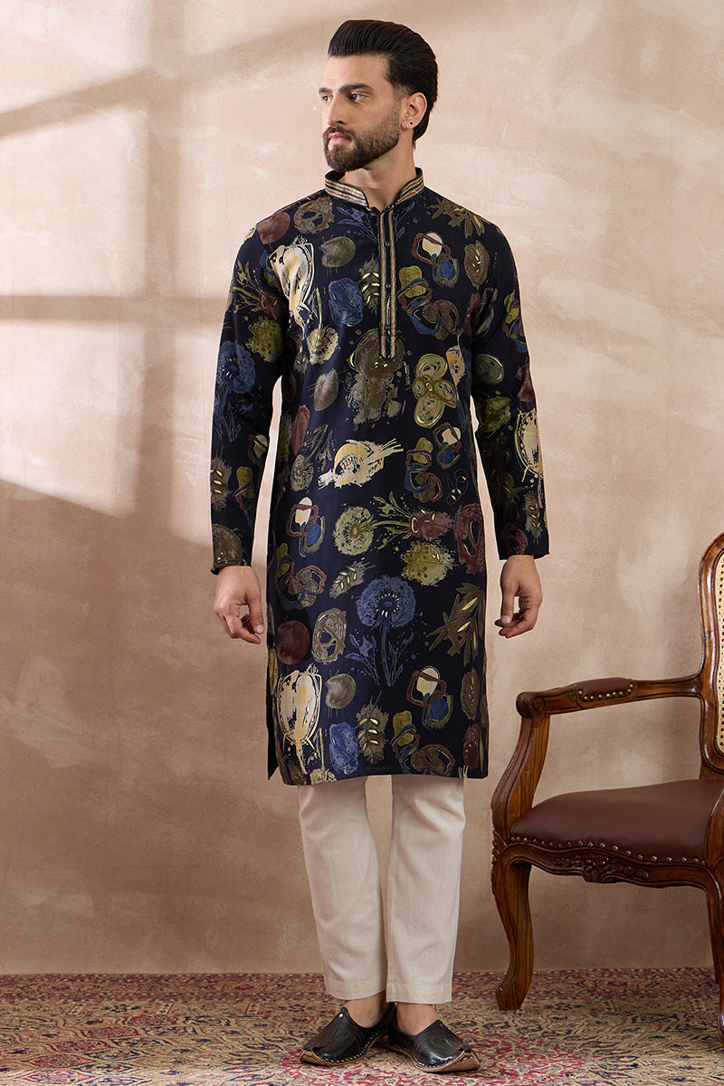 Navy Blue Silk Blend Printed Mandarin Collar Straight Kurta MKU1961