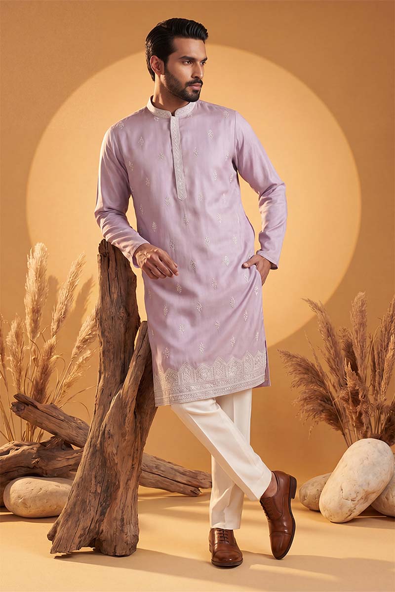 Lavender Silk Blend Solid Embroidered Kurta With Trousers MKSET2269