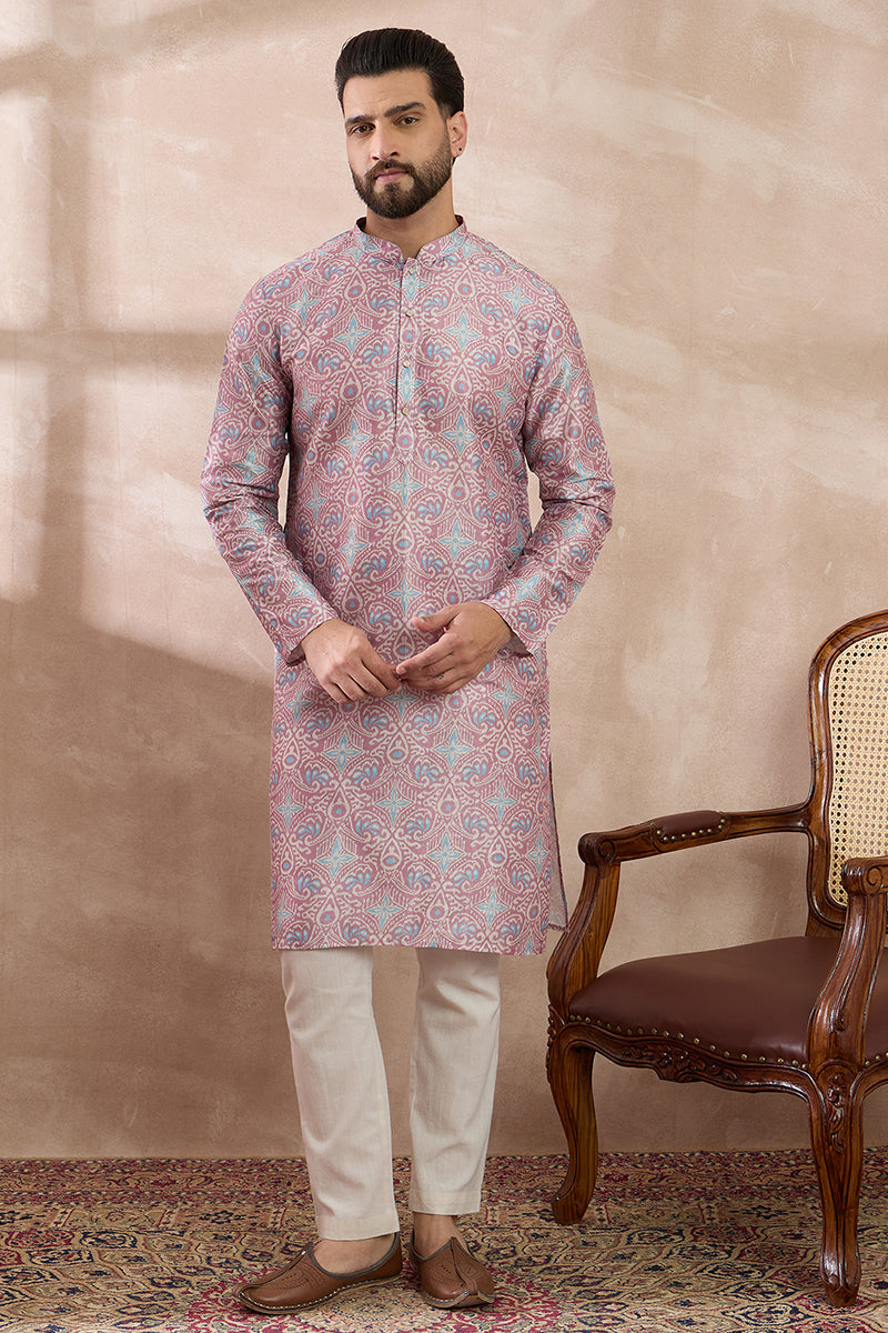Lavender Silk Blend Printed Mandarin Collar Straight Kurta MKU1985