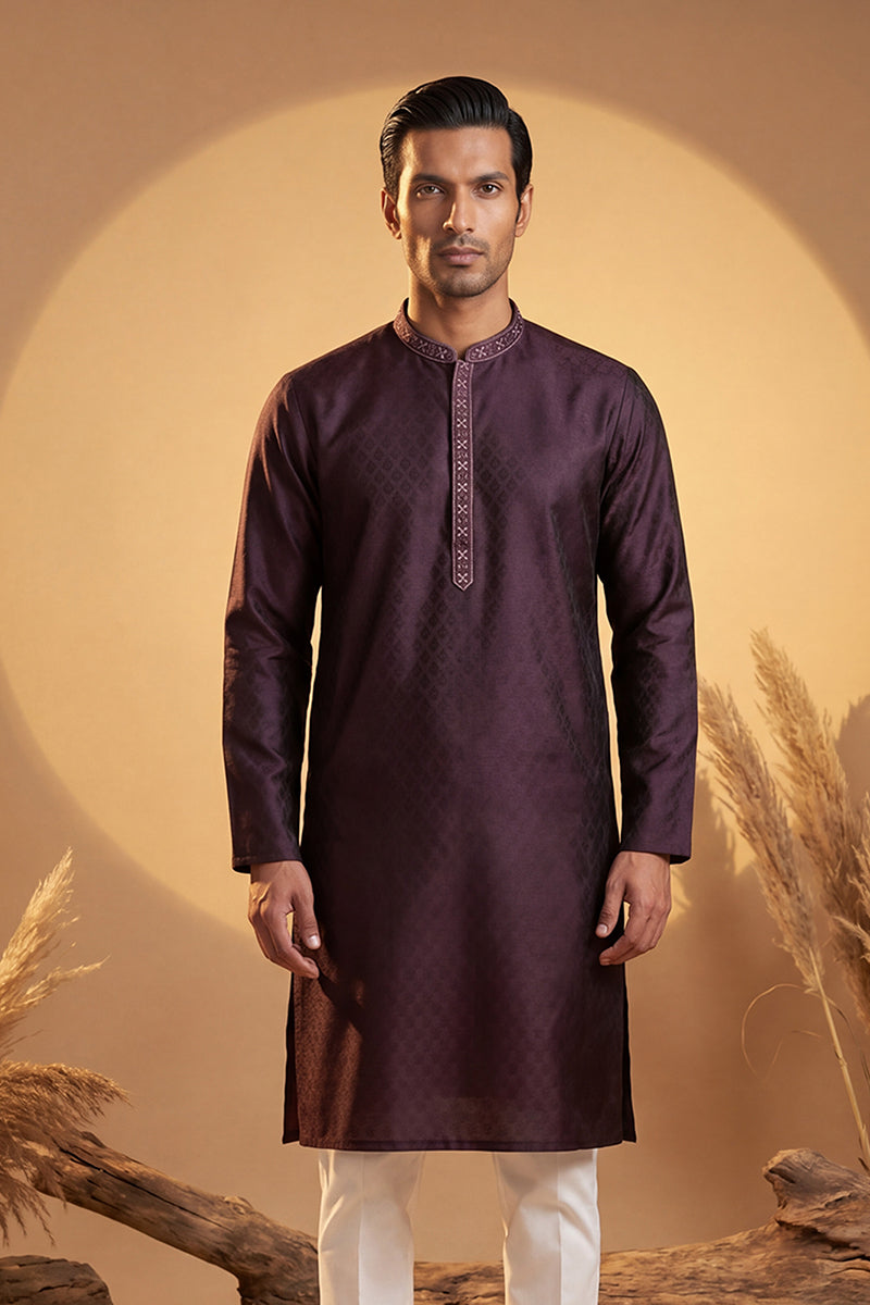 Purple Silk Blend Woven Design Straight Kurta With Trouser MKSET1835