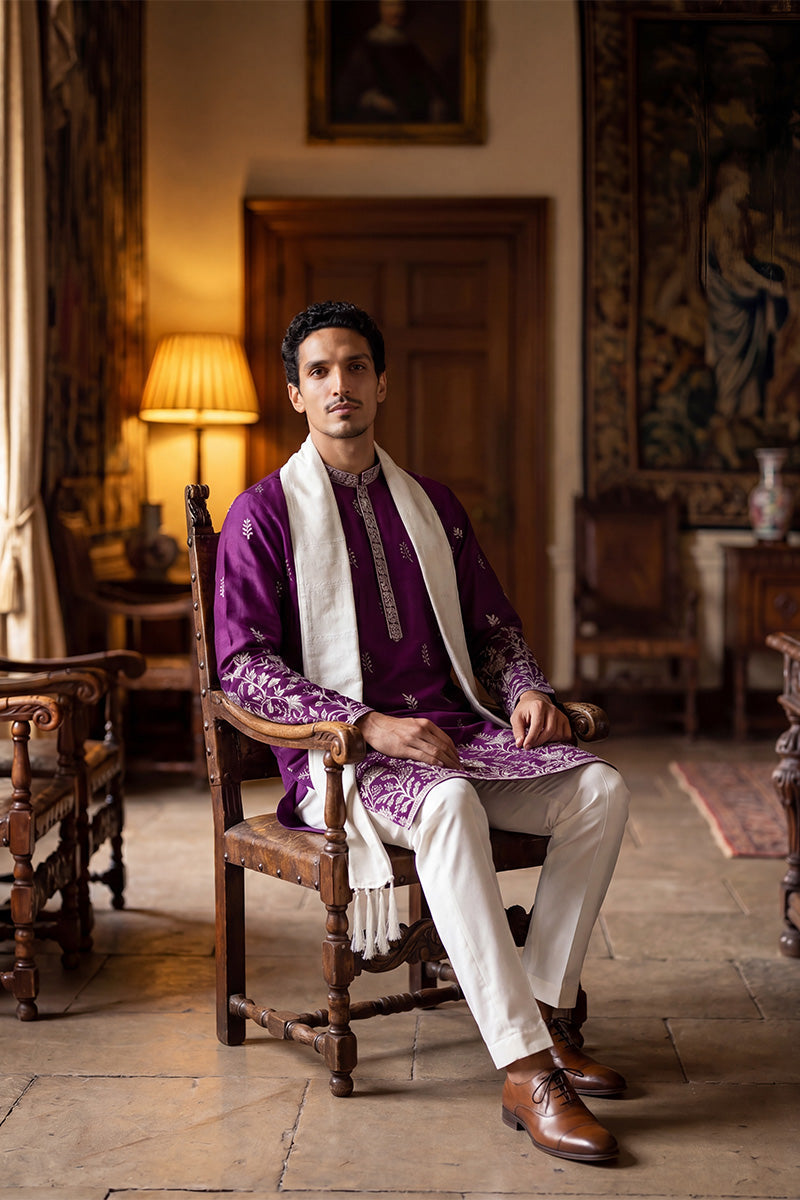 Purple Silk Blend Solid Embroidered Straight Kurta Trouser with Dupatta MKPD1944