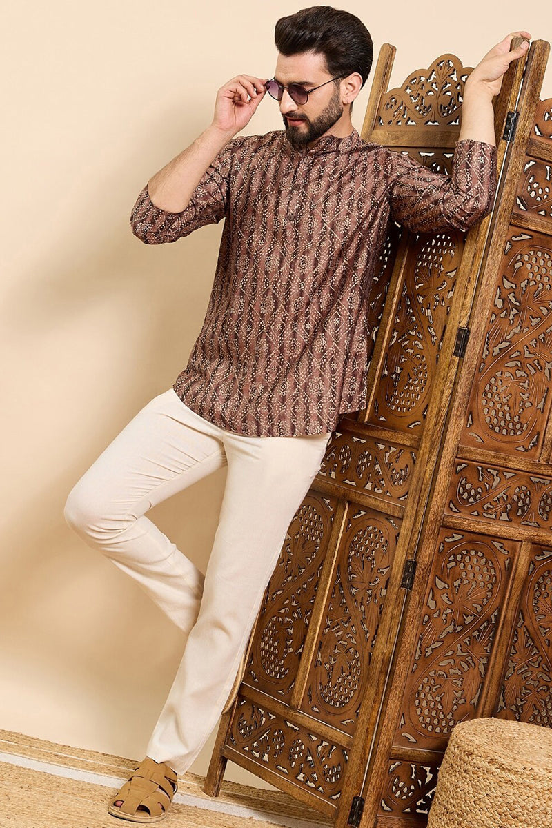 Brown Cotton Geometric Printed Straight Kurta HOPMSKU1008BWN