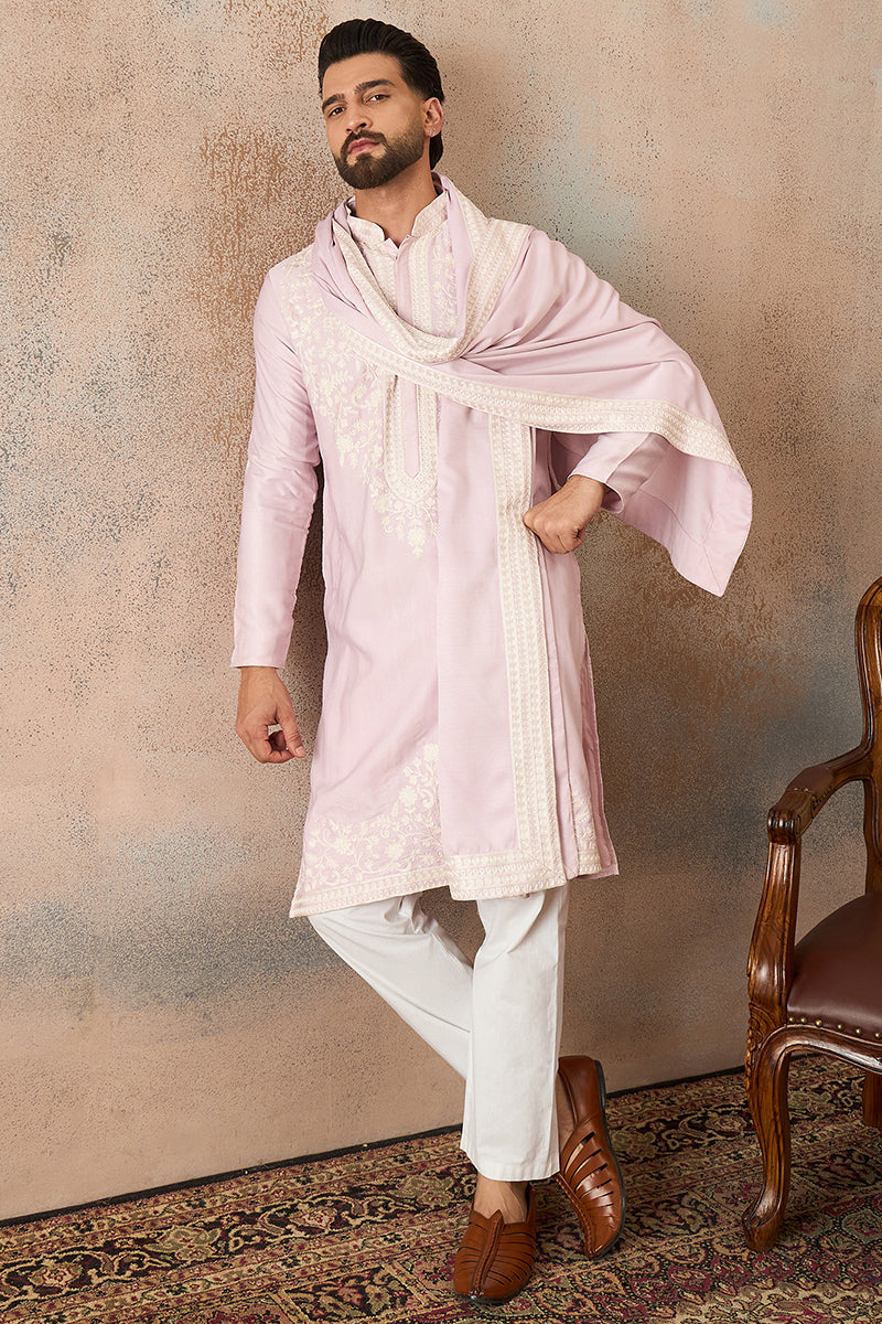 Lavender Silk Blend Solid Embroidered Kurta Trouser With Dupatta MKPD1038