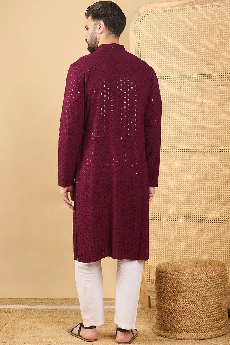 Maroon Viscose Rayon Solid Embroidered Straight Chikankari Kurta MKU1044