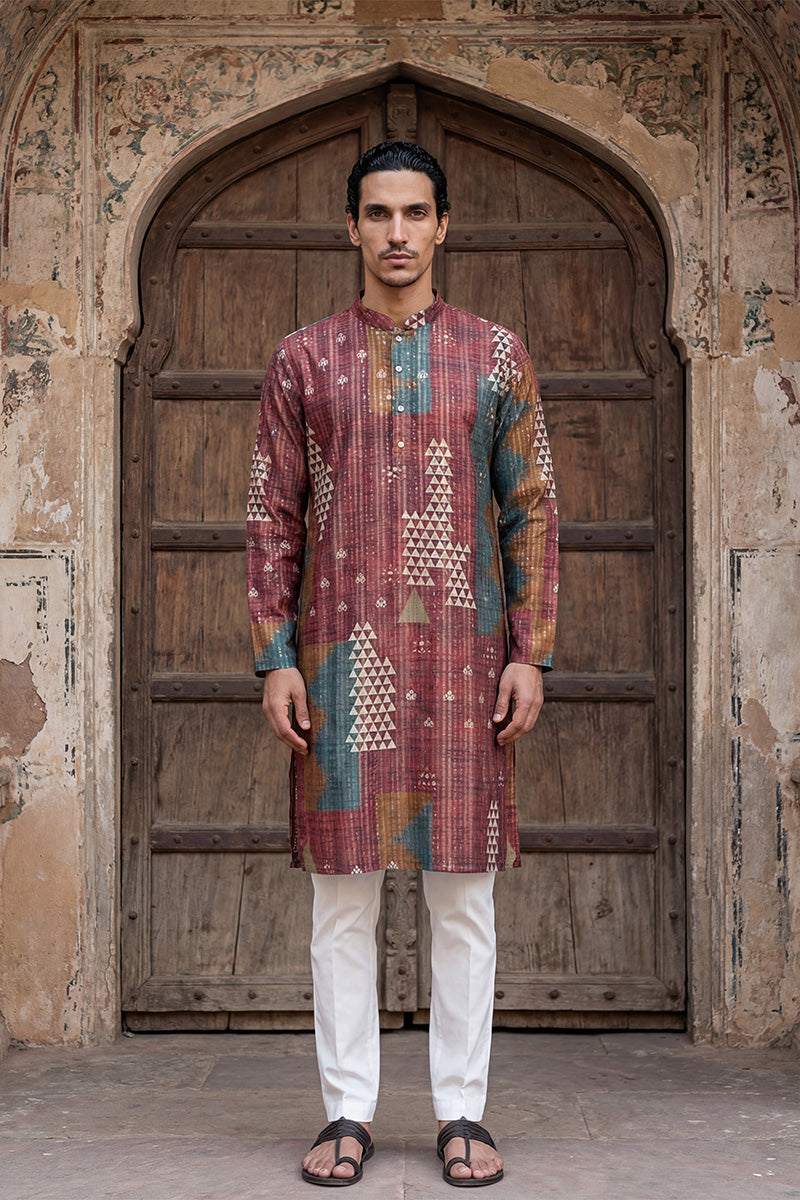 Brown Silk Blend Printed Straight Kurta With Trousers MKSET2177
