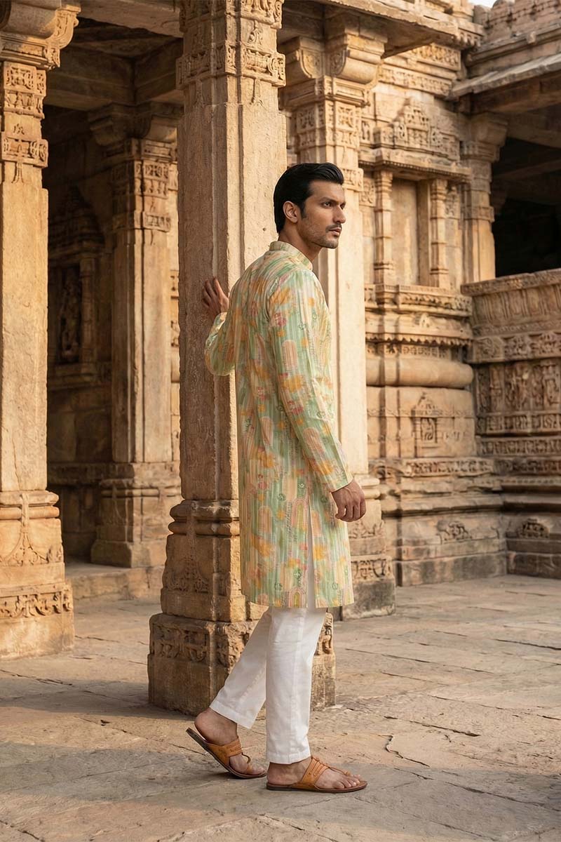 Green Silk Blend Printed Straight Kurta MKU2118